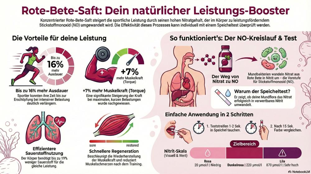 Infografik: Rote-Bete-Saft als natürlicher Leistungs-Booster – bis zu 16% mehr Ausdauer, +7% Muskelkraft, effizientere Sauerstoffnutzung, schnellere Regeneration und der NO-Kreislauf mit Speicheltest